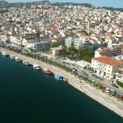 Aerial view of Argostoli town and Mouikis Hotel, a hotel close to Kefalonia airport.