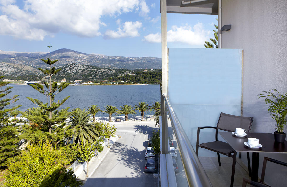 Balcony view from Triple Room at Mouikis, a sea view hotel in argostoli kefalonia